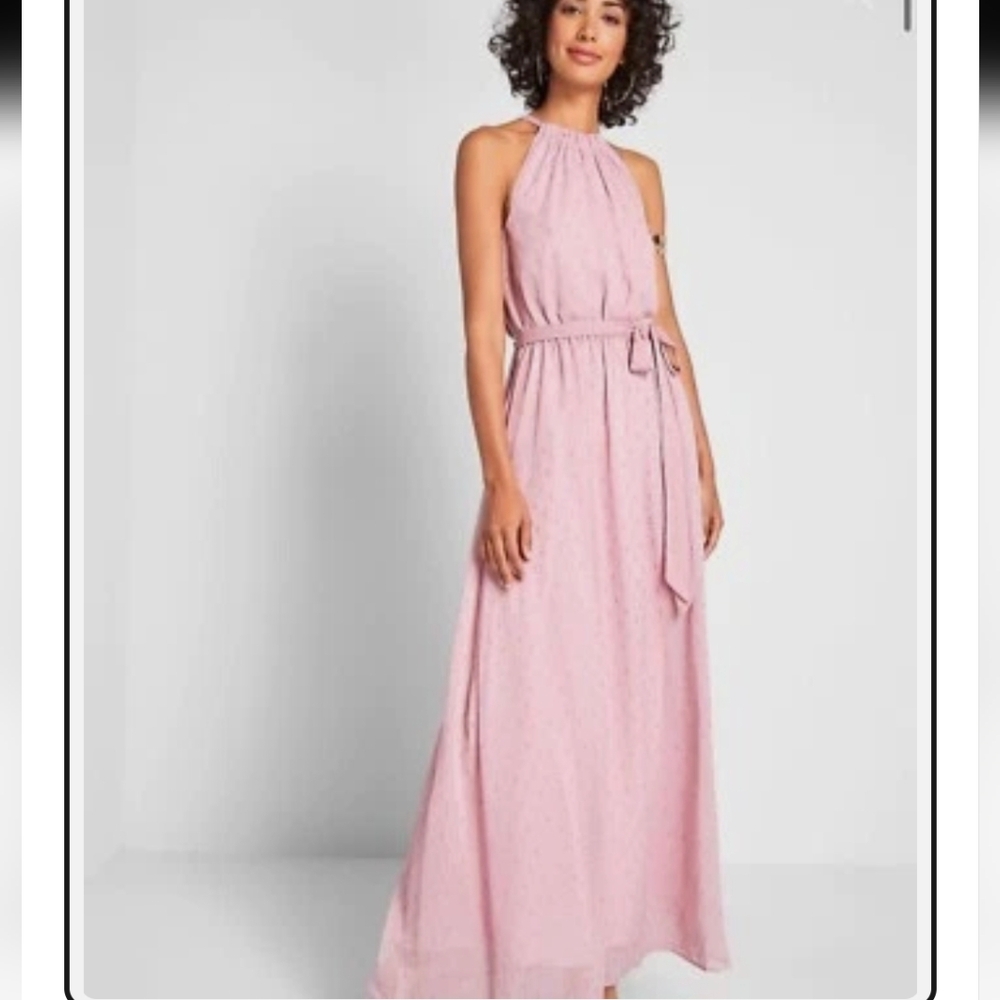 ModCloth Pink Halter Maxi Dress Gold Clip Dot Tie Waist Formal